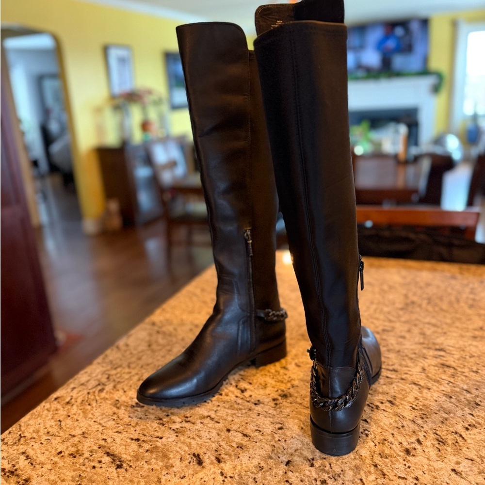 NWT Karl Lagerfeld Black Over-the-Knee Leather Boots with Chain Detail - Picture 3 of 10